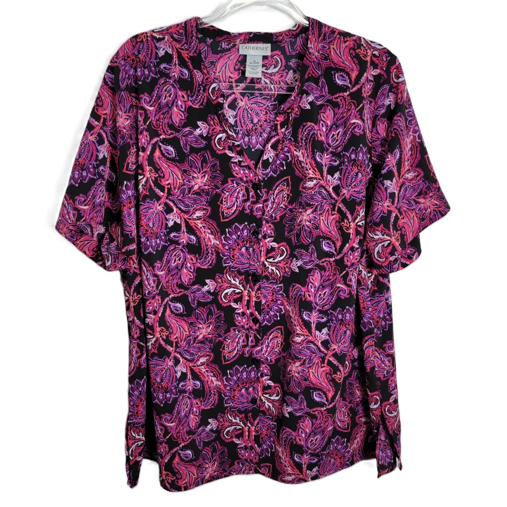 Catherines Womens 1X Short Sleeve Button Front Blouse Black Pink Purple Paisley